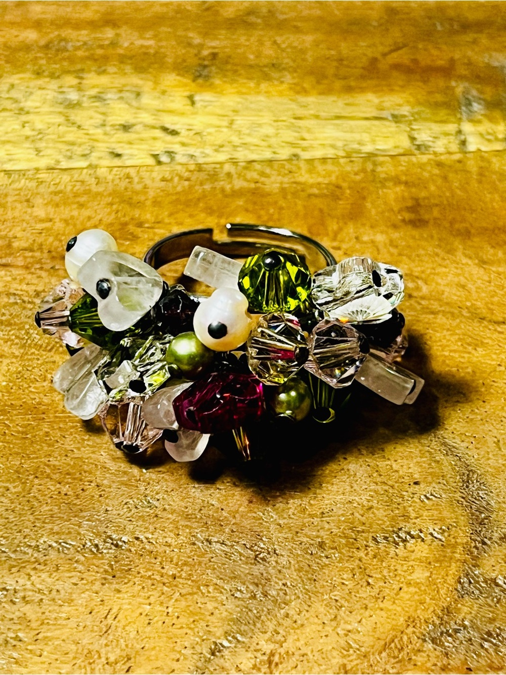Vintage Cluster Bead Statement Ring in Pink, Green, and Clear adjustable $25 - Picture 4 of 9